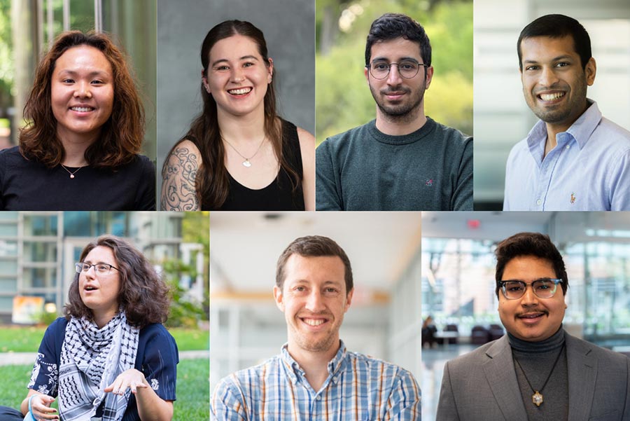 A collage of Khoury PhD graduates and post docs moving into academic jobs; clockwise from top left: Hye Sun Yun, Alyssa Smith, Jad Silbak, Vikrant Singhal, Kutub Gandhi, Ben Weintraub, and Leah Namisa Rosenbloom