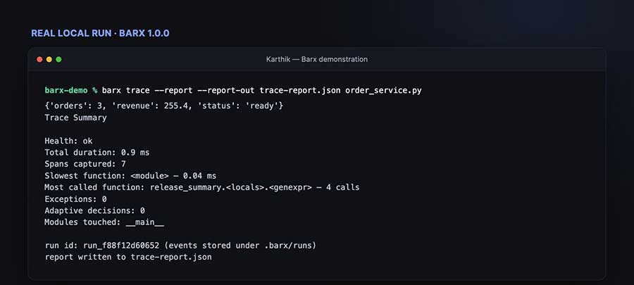 screen grab of Barx, an open-source tool, that shows a the results of a sample run
