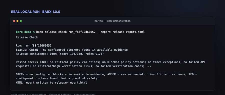screen grab of Barx, an open-source tool, which shows a green status of a test