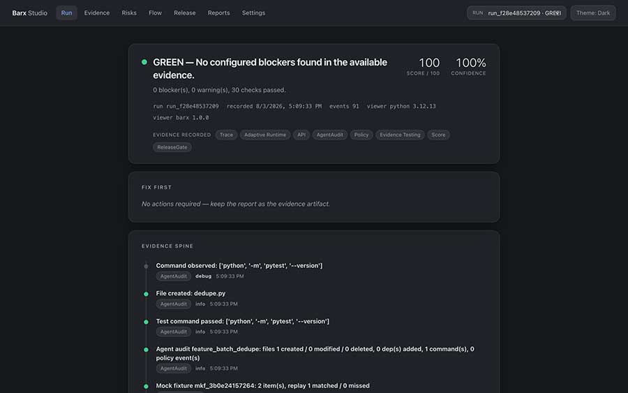 screen grab of Barx, an open-source tool, that shows the Run menu option highlighted
