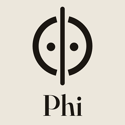 The logo of Phi, which is a circle with a vertical line down the middle and two dots inside the circle