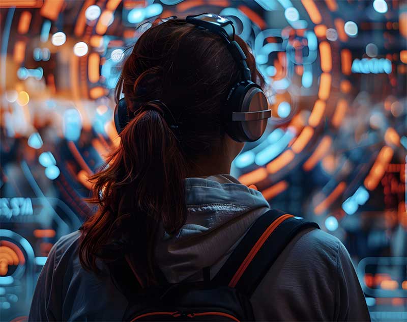 A person wearing headphones and backpack photographed from the back looking at a screen showing bright red and green graphics