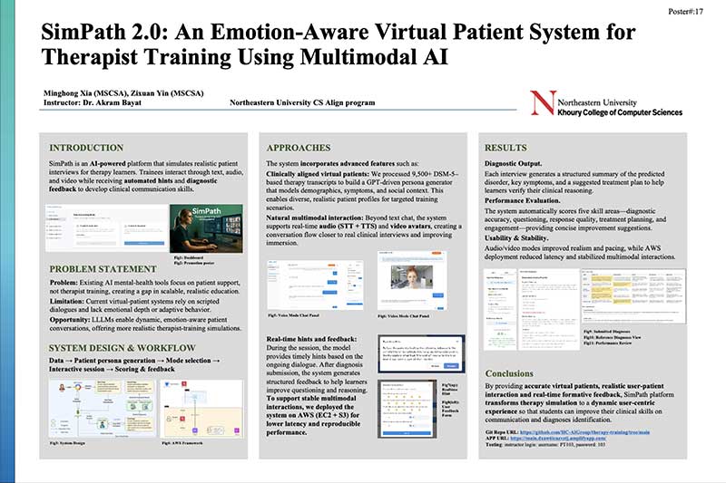 A research poster titled, "SimPath 2.0: An Emotion-Aware Virtual Patient System for Therapist Training Using Multimodal AI"