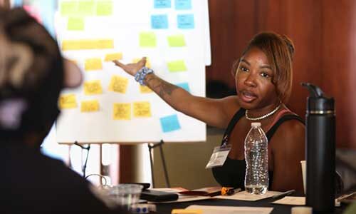 A meeting attendee gestures toward a whiteboard with sticky notes while talking to another attendee