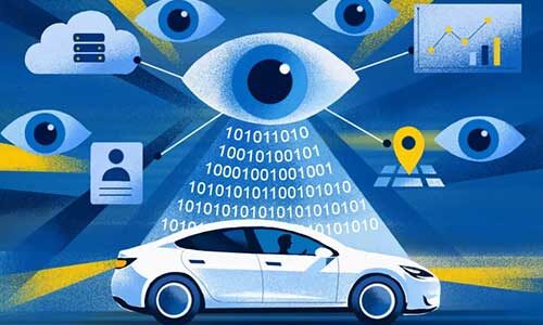An illustration with eyeballs watching a car meant to show how connected cars are sharing personal information to third parties. Illustration by Renee Zhang